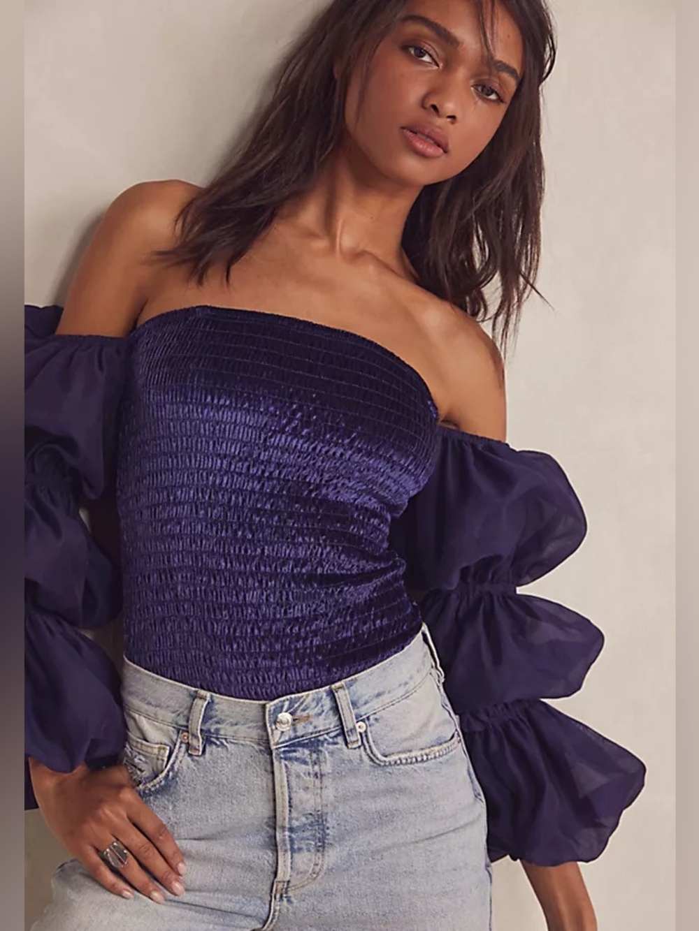 Free people Off-Shoulder Navy Smocked Velvet Top